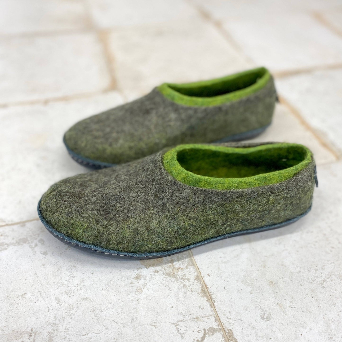 2in1 Gray/Green wool slippers for women