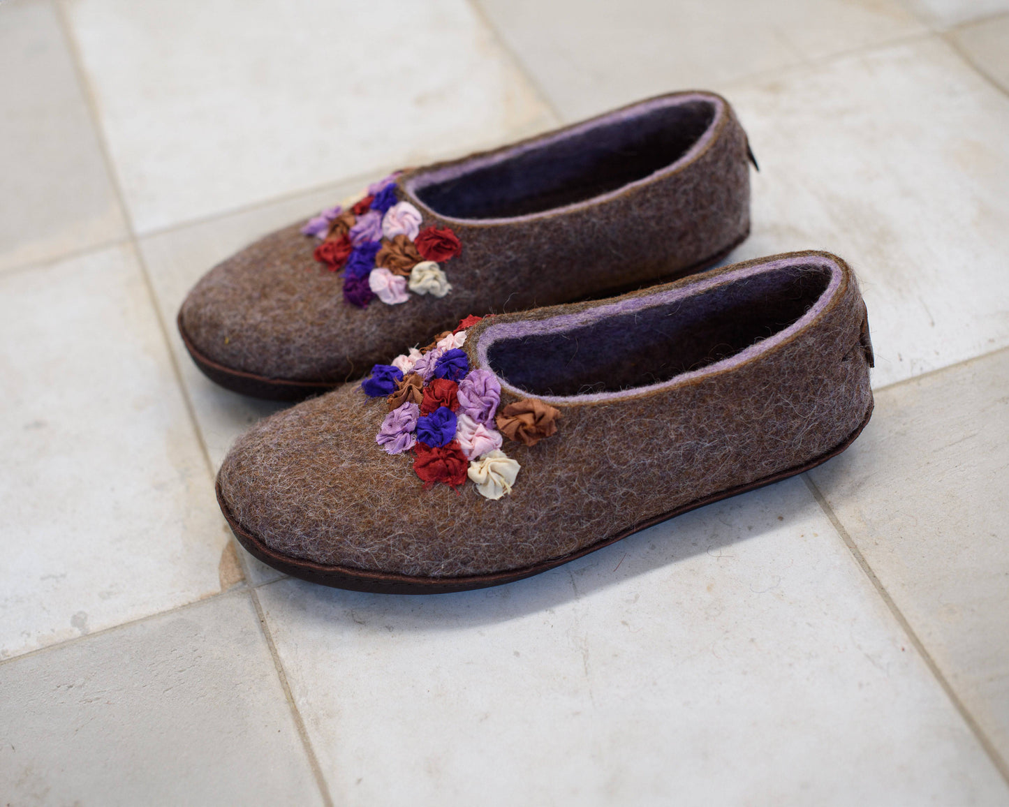Purple/Brown SILK and Alpaca - felted wool house slippers for women