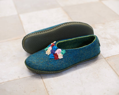 Turquoise/Green SILK - felted wool house slippers for women