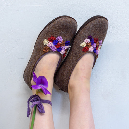 Natural Felted Wool House Slippers for Women, Embroidered with Indian Silk & Decorated with Alpaca Wool