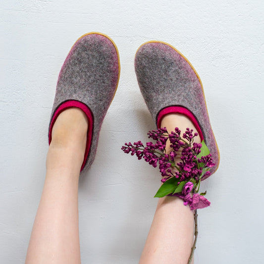 Gray felted wool slippers with purple inner layer for her