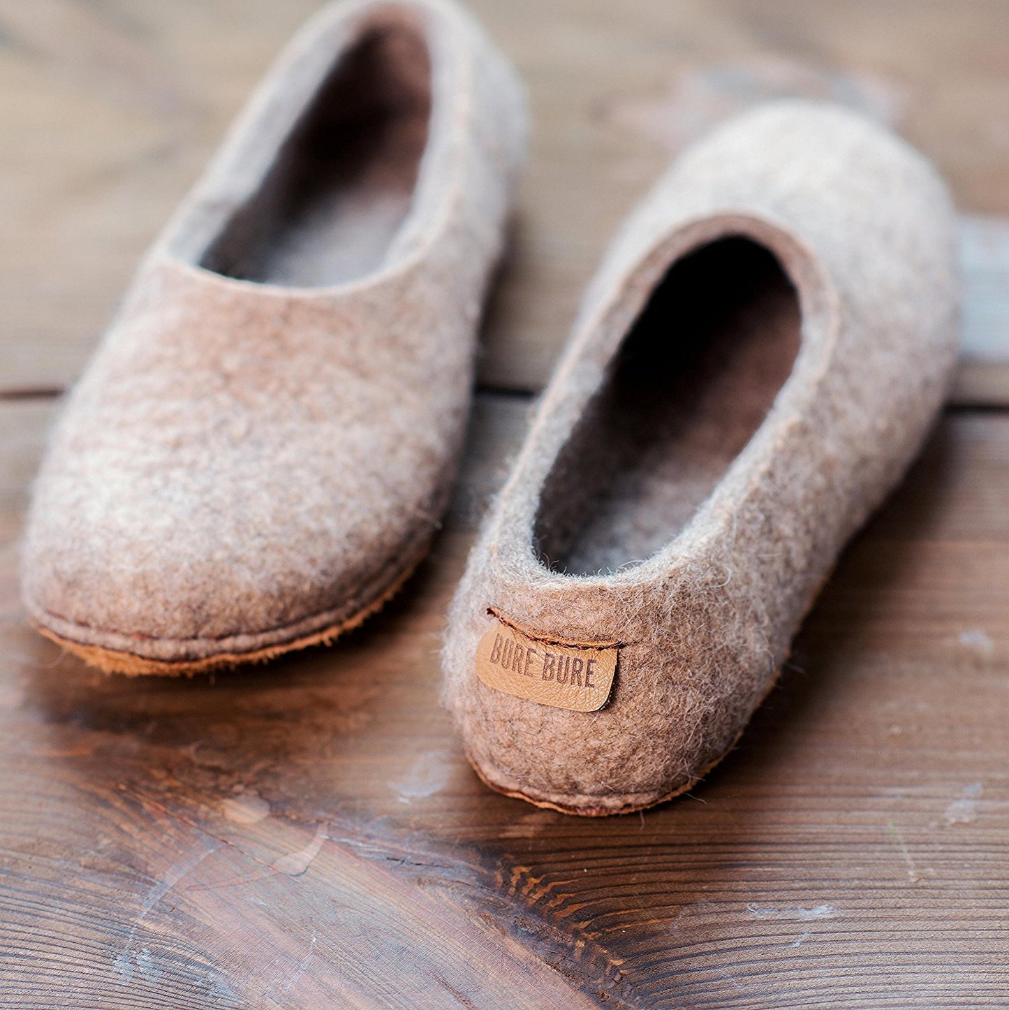Beige felted sheep and alpaca wool slippers for women
