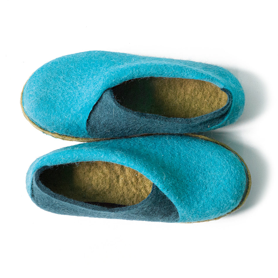 Turquoise/Olive ENVELOPES, Felted Wool Slippers for Women