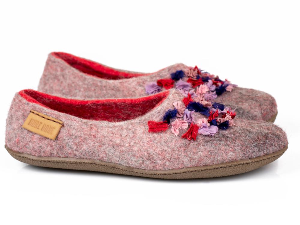 Grey and Red Felted Wool Slippers with Sari Silk Ribbons