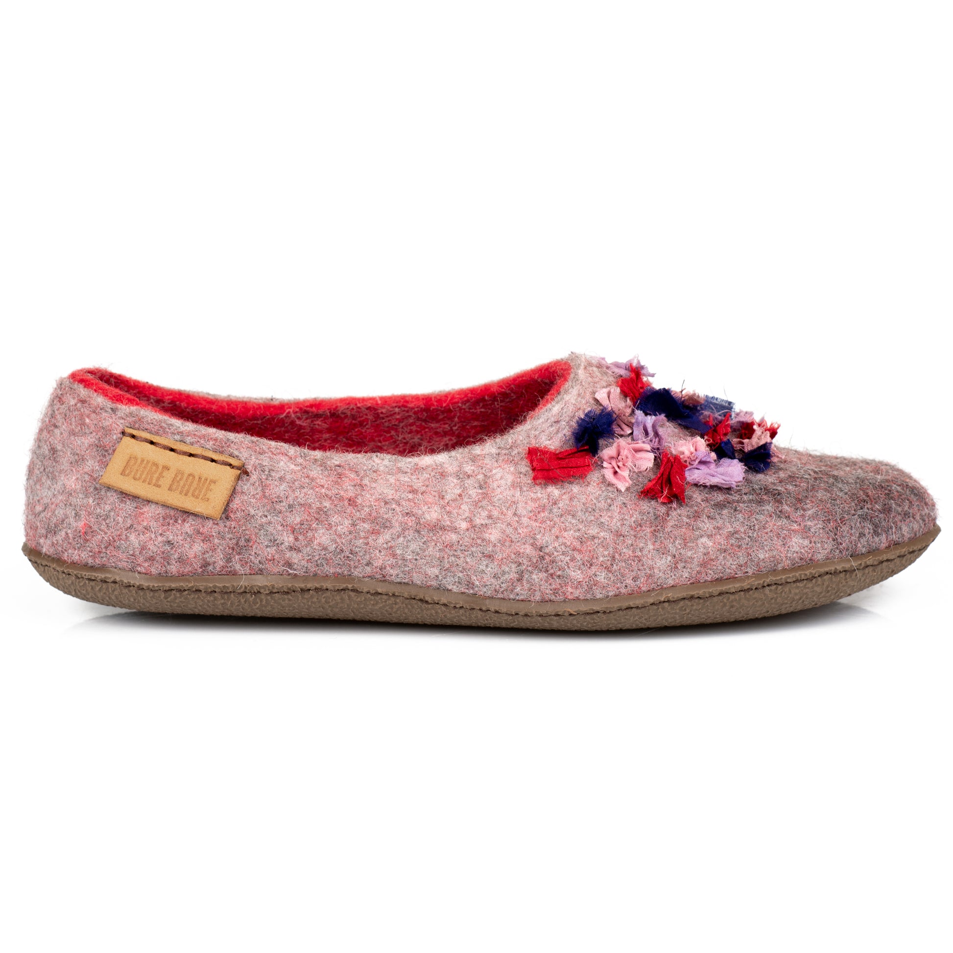 Gray and red woolen slippers with recycled indian sari silk ribbons.