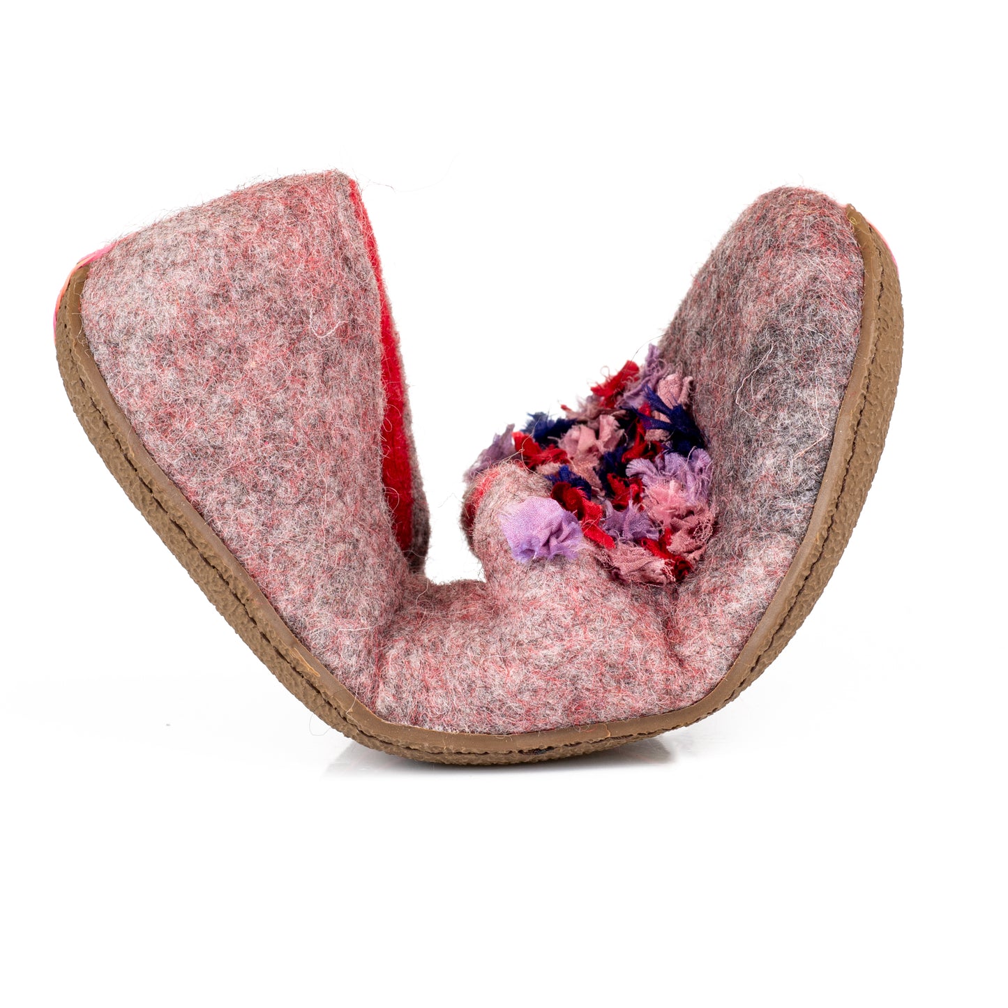 Gray and Red Felted Slippers with Sari Silk Ribbons, folded