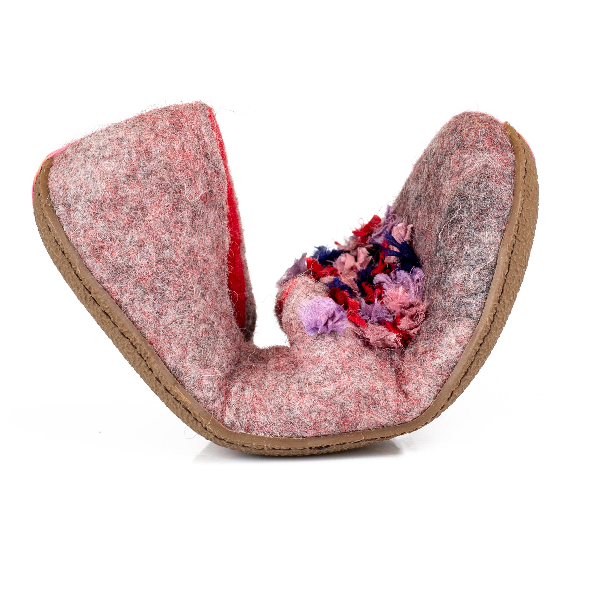 Gray and Red Felted Slippers with Sari Silk Ribbons, folded