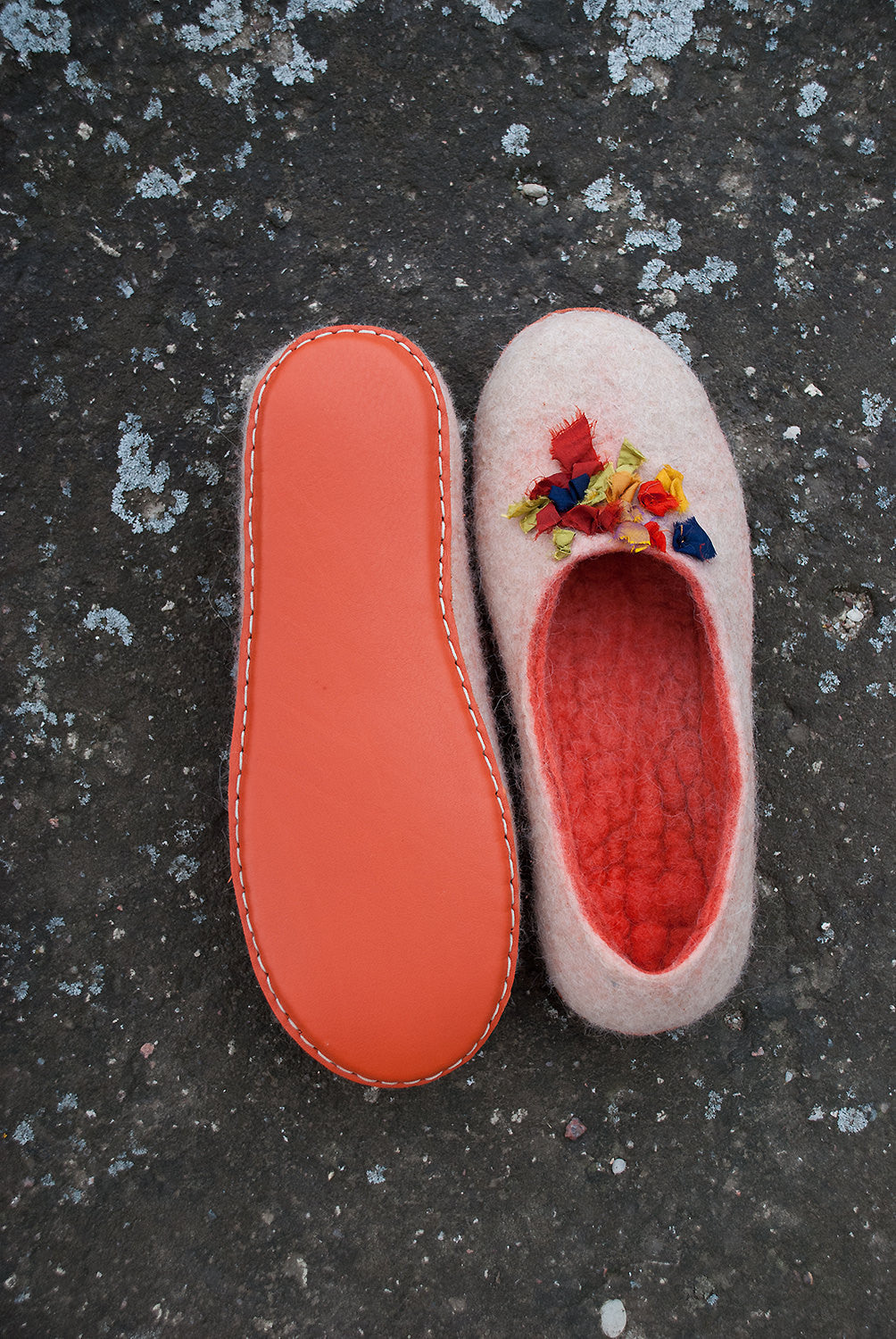 Red cork and leather soles on felted wool slippers