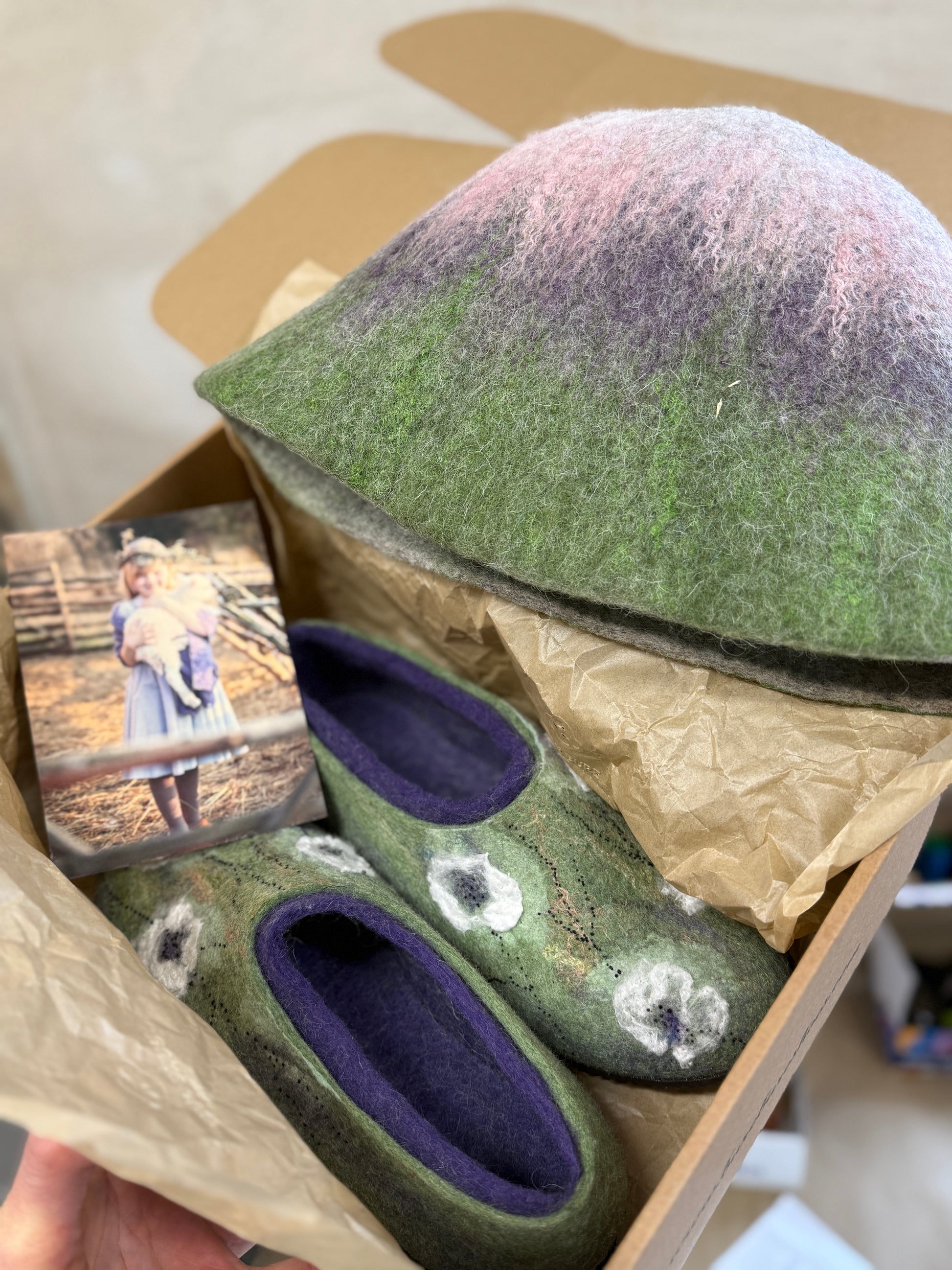 [felted_slippers],[wool_slippers], [burebure_slippers], [warm_wool_slippers], Double-Sided Felted Wool Sauna Hat - Custom Name Personalization Available, BureBure handmade felted wool slippers