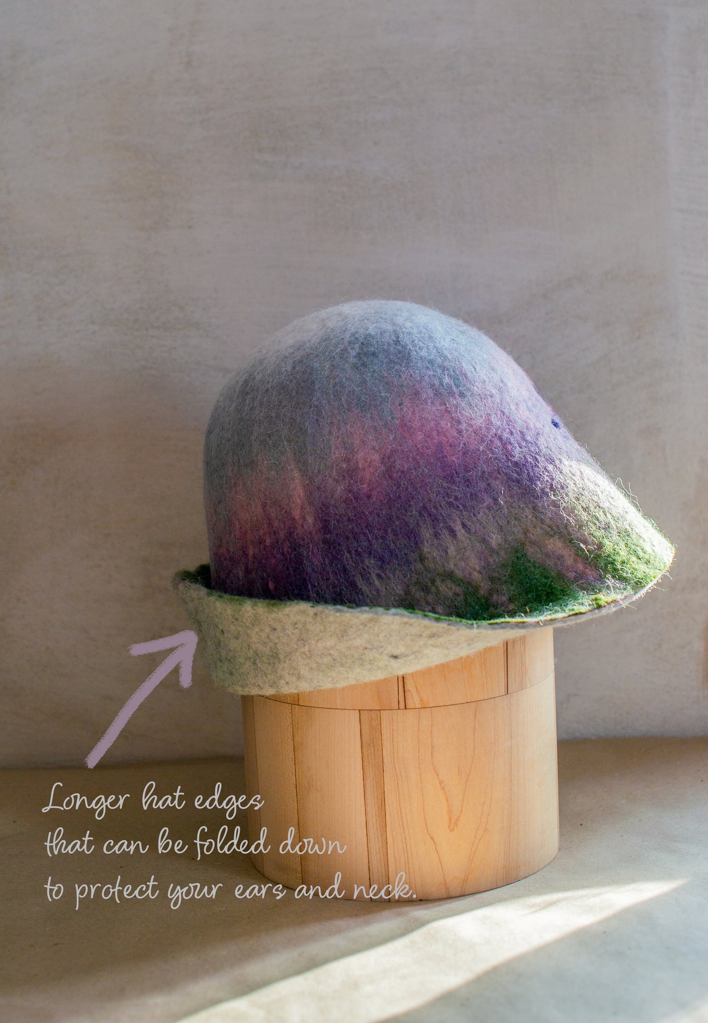 [felted_slippers],[wool_slippers], [burebure_slippers], [warm_wool_slippers], Double-Sided Felted Wool Sauna Hat - Custom Name Personalization Available, BureBure handmade felted wool slippers