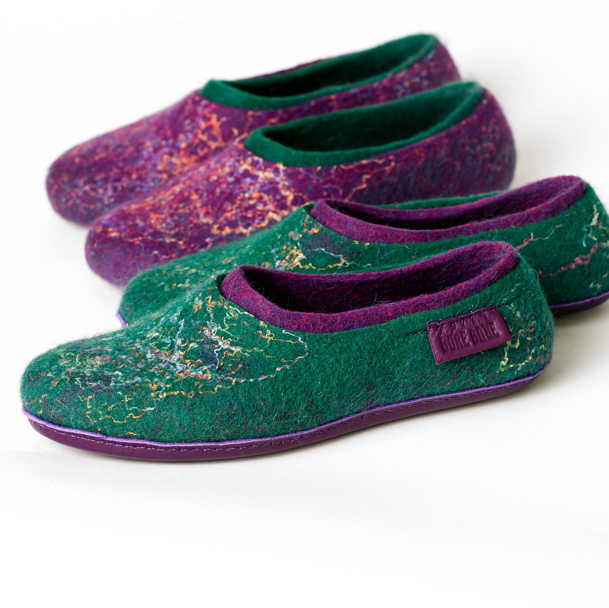 [felted_slippers],[wool_slippers], [burebure_slippers], [warm_wool_slippers], Green/Purple 2in1 Slippers with Linen Threads, BureBure shoes and slippers
