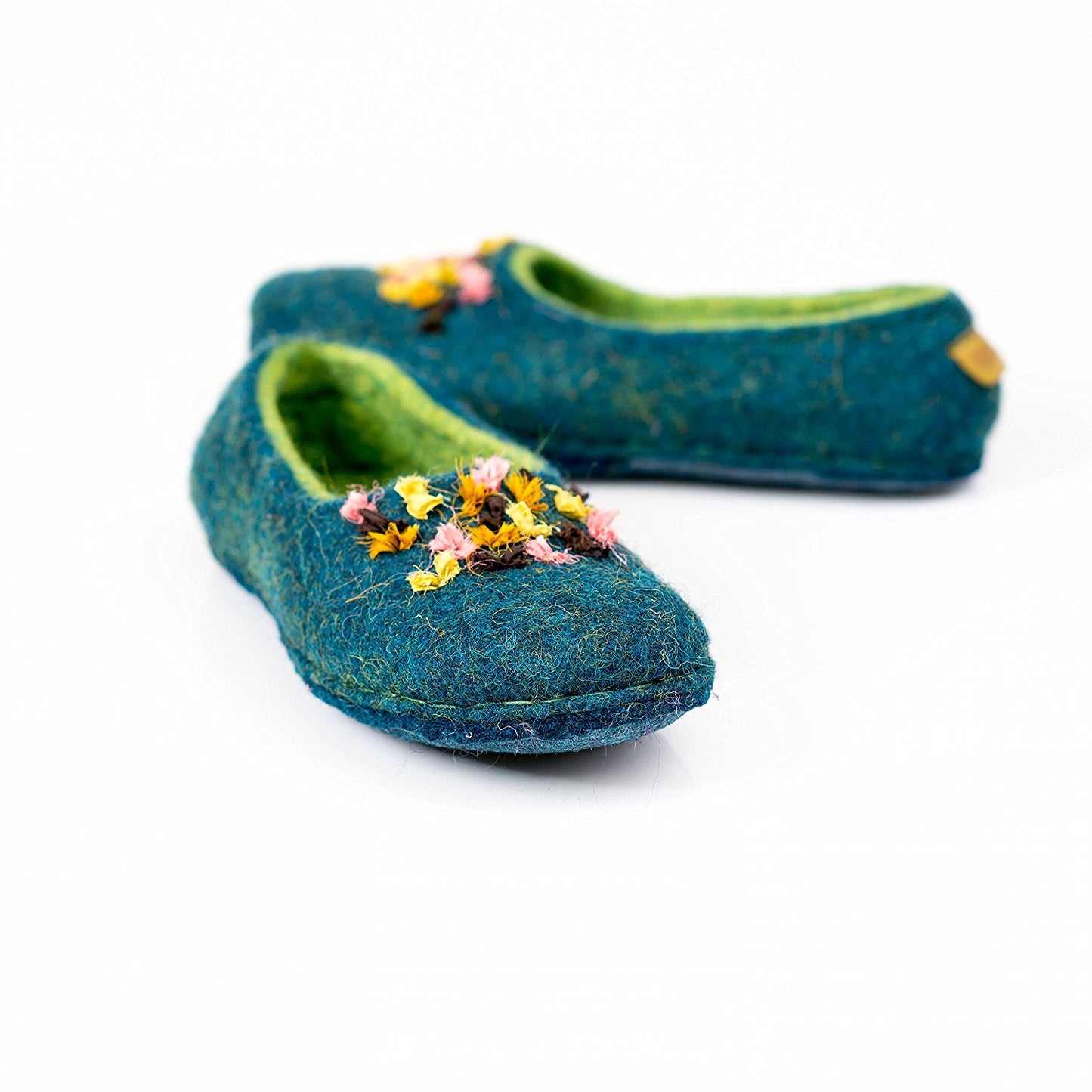 BureBure dark petrol blue bohemian winter slippers with silk ribbons