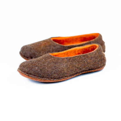 Beige/Orange  felted wool slippers that were decorated with alpaca wool