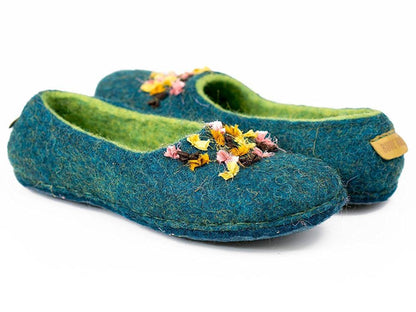 Blue and green felted slippers with sari silk ribbons