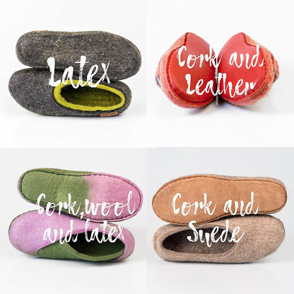 Different BureBure Slippers Soles options: a layer of latex, cork and leathr, cork, wool and latex, cork and suede. 