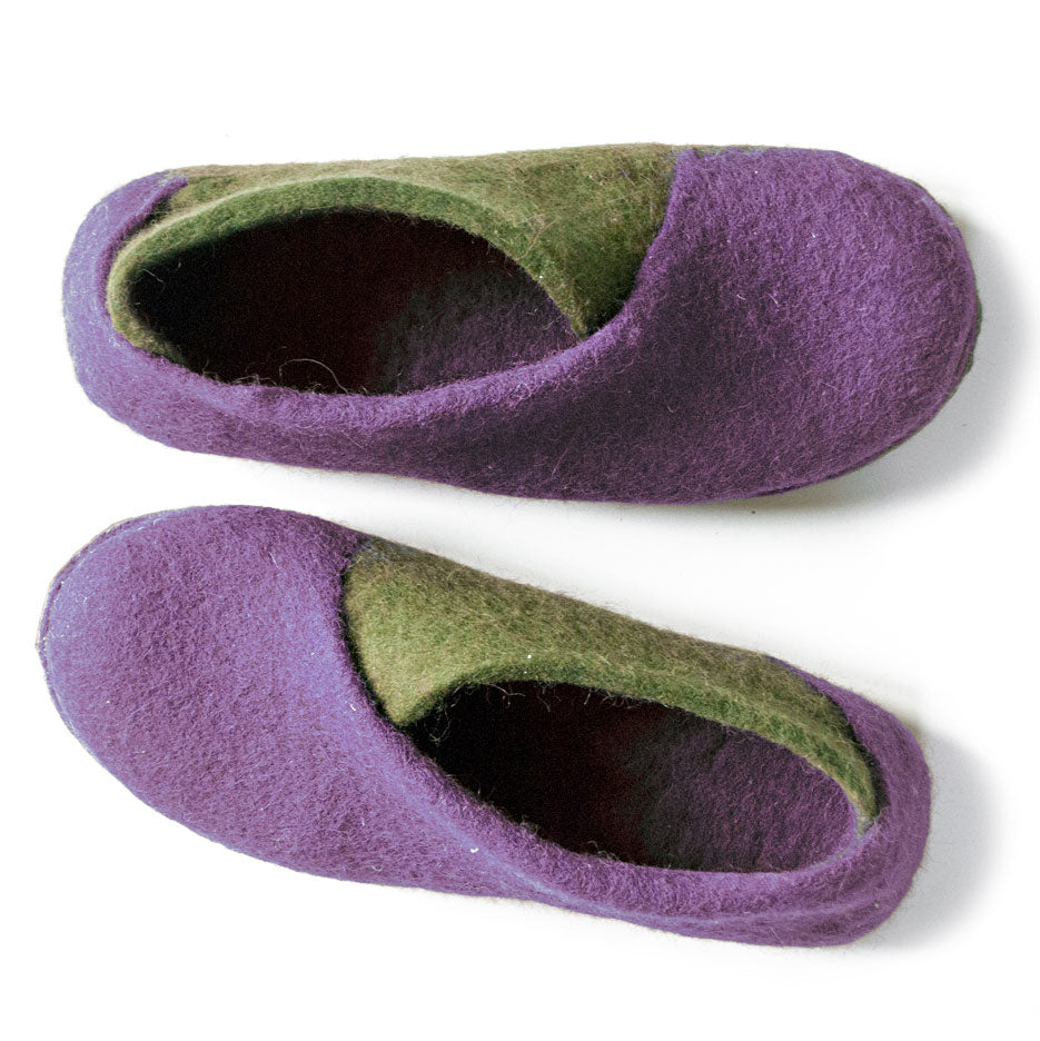 Purple and Olive Hand-felted Envelope Slippers for Women