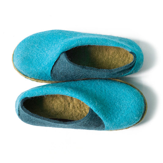 Turquoise / Dark Petrol Felted Wool Slippers - Envelopes that make feet  look smaller.