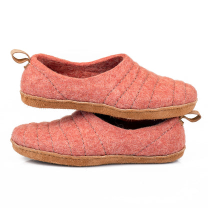 Burned Orange Clog-style Felted Wool Slippers for Women with Suede Soles and Suede Leather Pull On Loop 