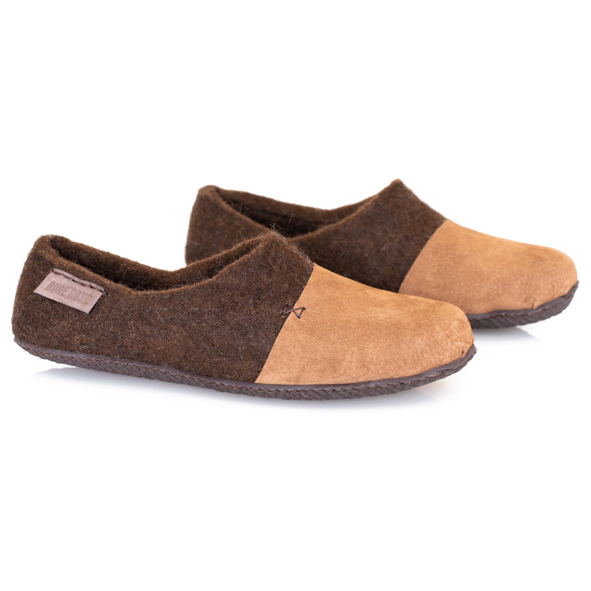 Brown woocaps clogs for women handmade from felted wool and strengthened with suede