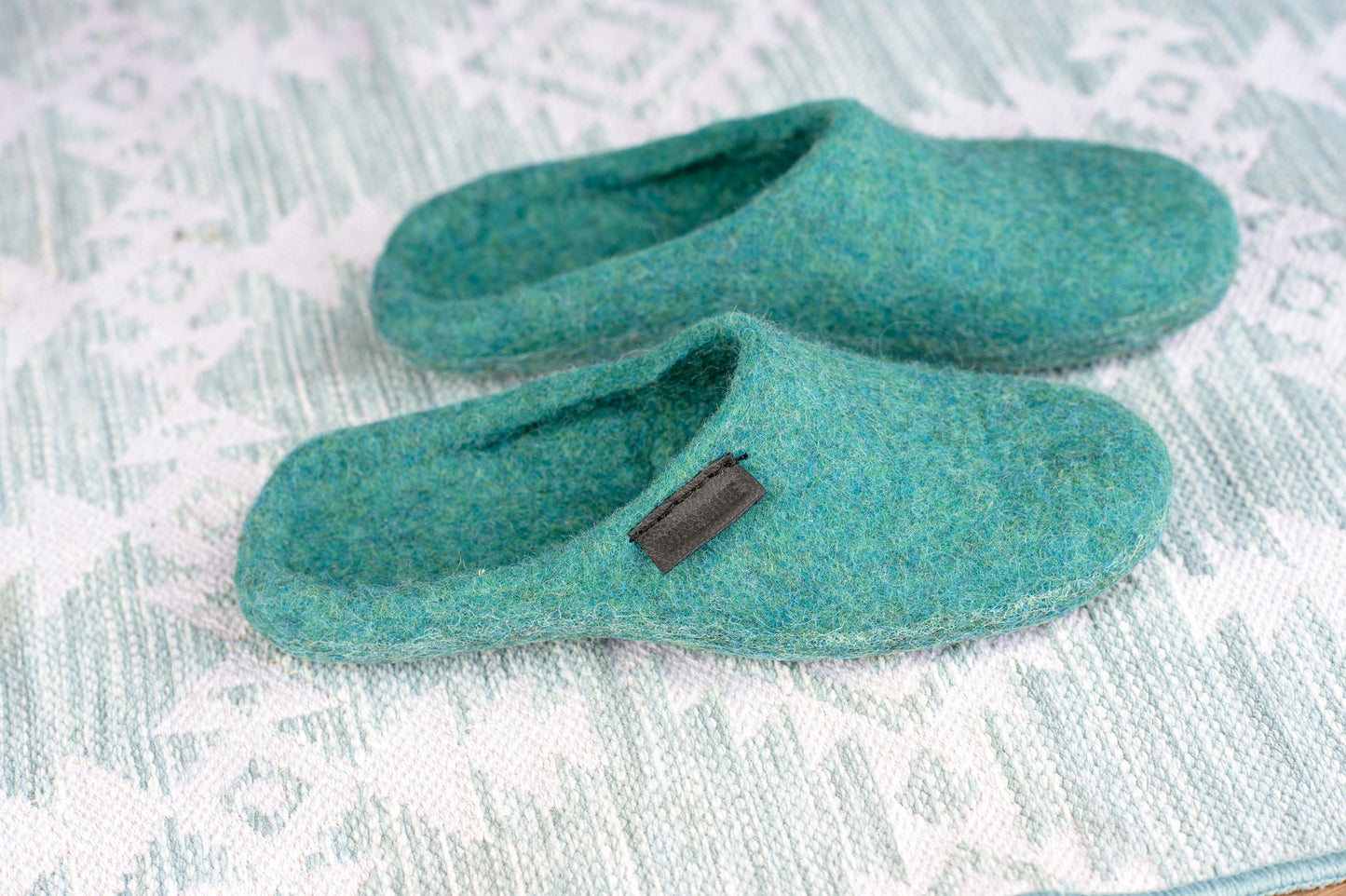 Backless Turquoise green Slippers for Women Handmade from sheep wool