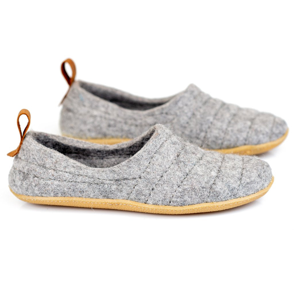 Grey COCOON woolen slippers with pull loop & sturdy stitching