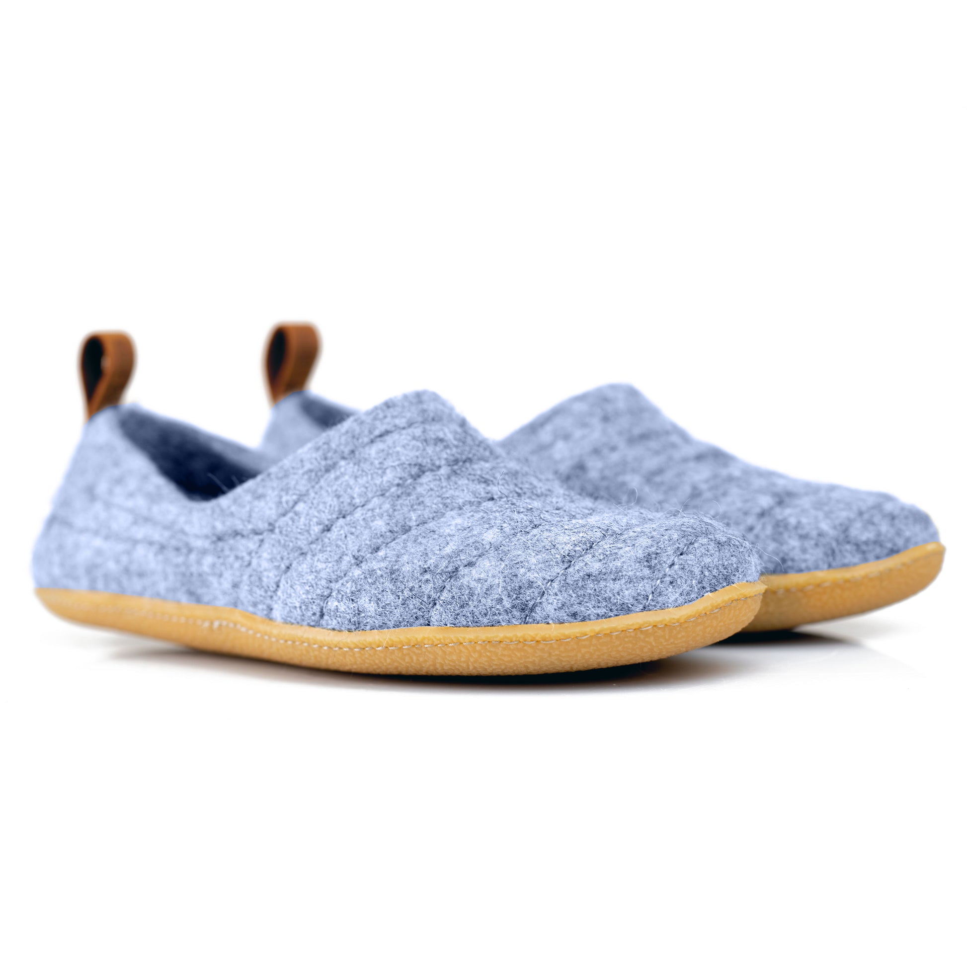 Light Blue COCOON slippers with a recycled leather pull loop and durable stitching on  the upper lining