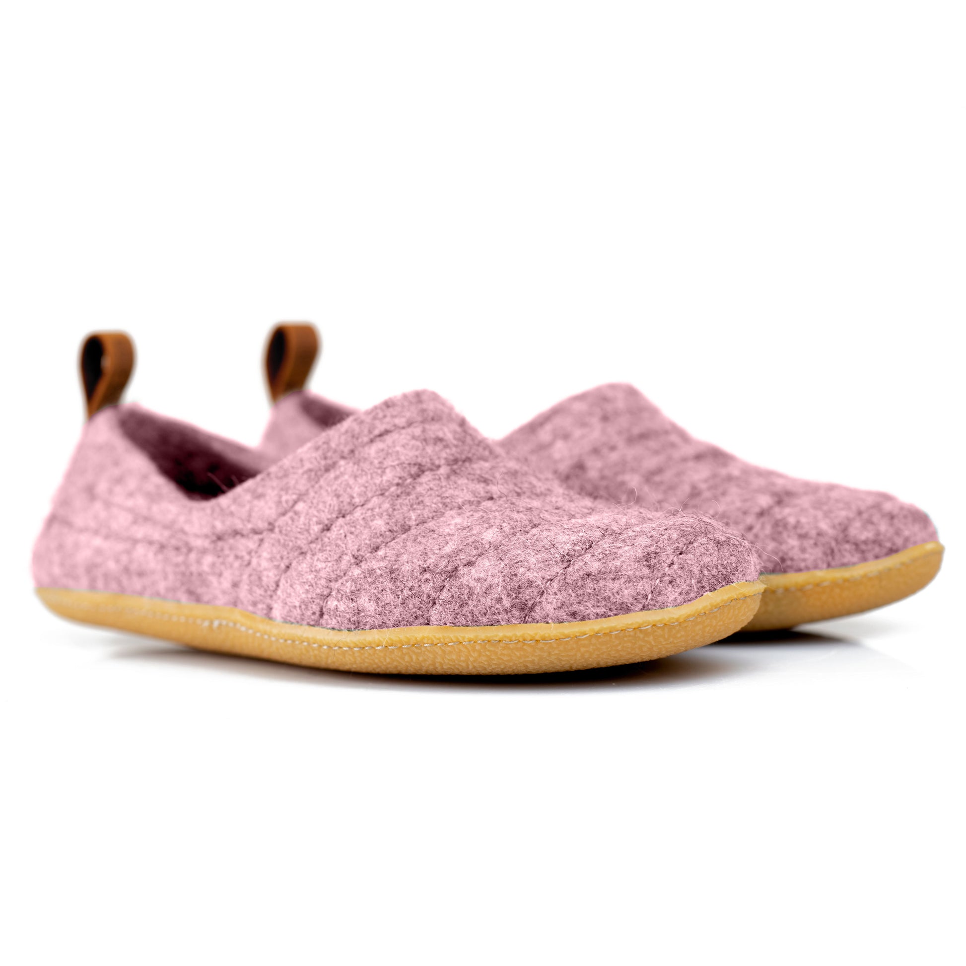 Pale Pink COCOON woolen slippers with leather pull loop and durable stitching on surface