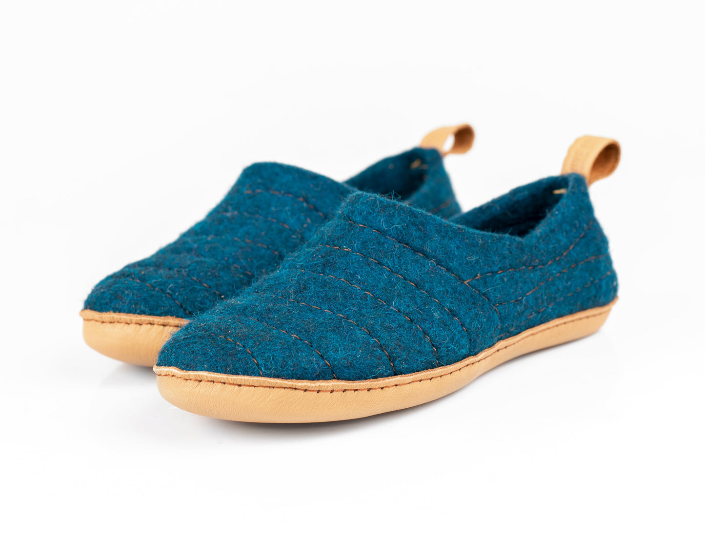 Petrol dark COCOON felted wool slippers with pull loop