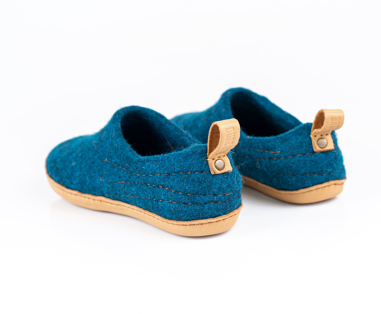 Petrol dark COCOON felted wool slippers with pull loop from recycled leather
