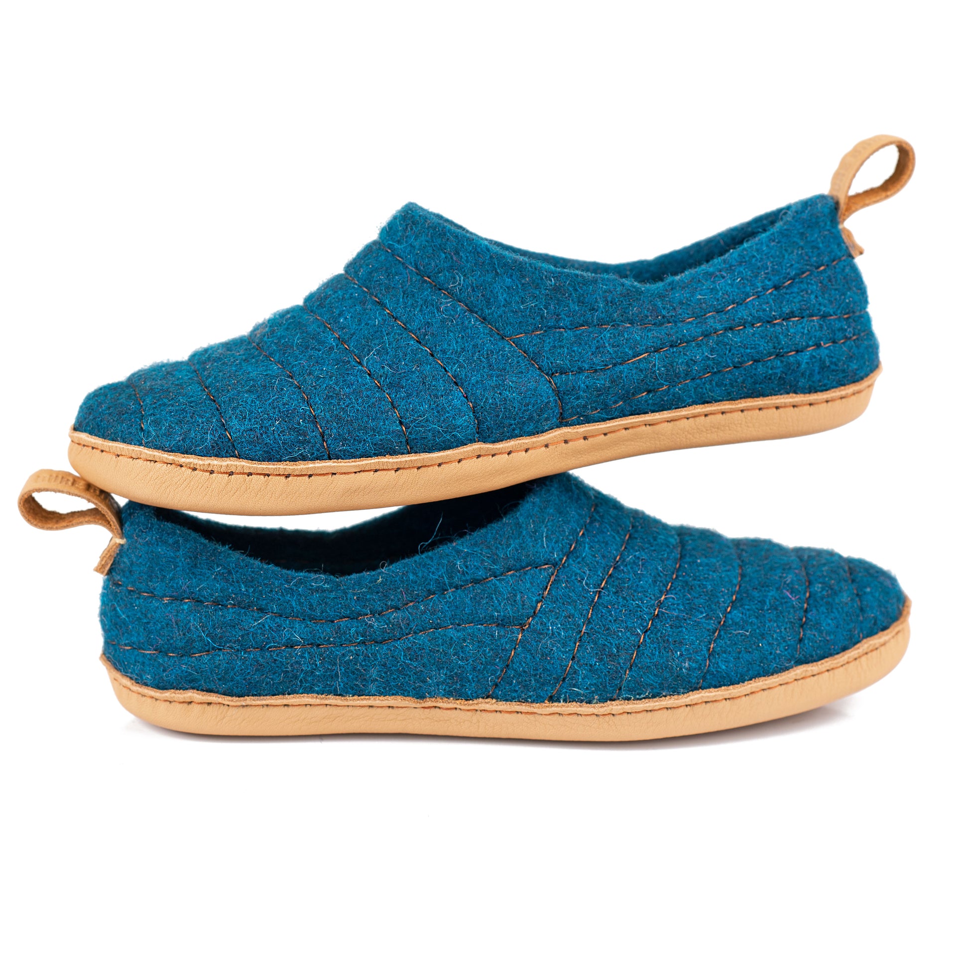 Dark Petrol COCOON woolen slippers with sturdy single stitching on surface