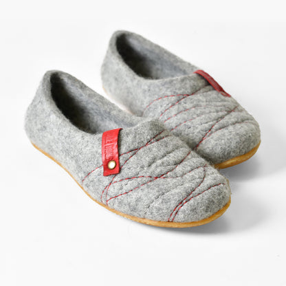 Warm Woolen Slippers for Women from BureBure Cocoon Collection, Handmade Felted Wool, Recycled Leather, Red Stitches