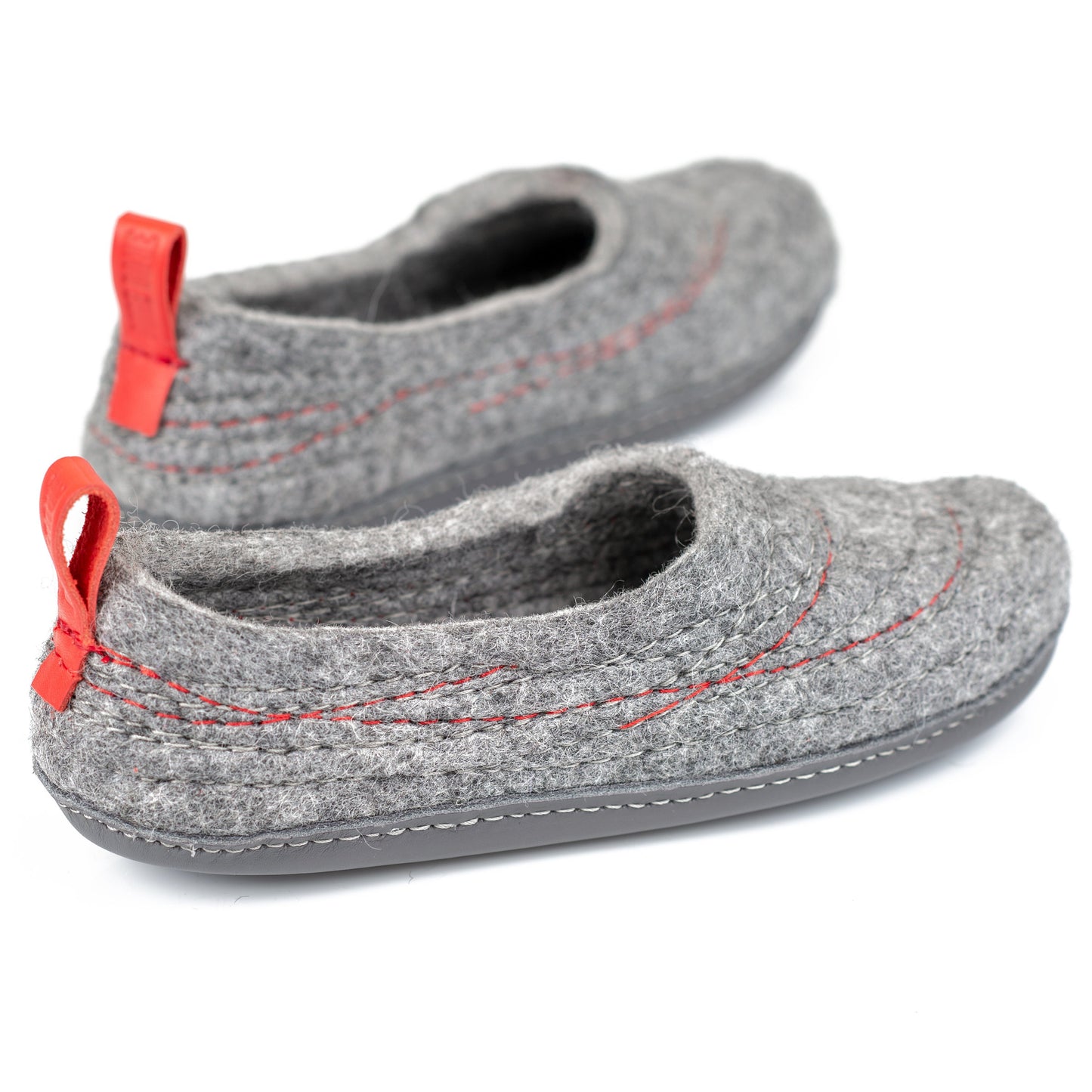 Warm Woolen Women's Slippers with Red Stitches and Hand-Stitched Gray Leather Soles