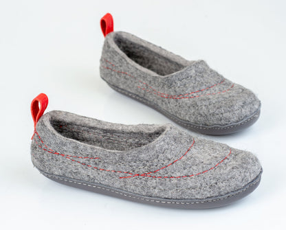 Undyed Gray Felted Wool Slippers with a Red Recycled Leather Pull Loop 