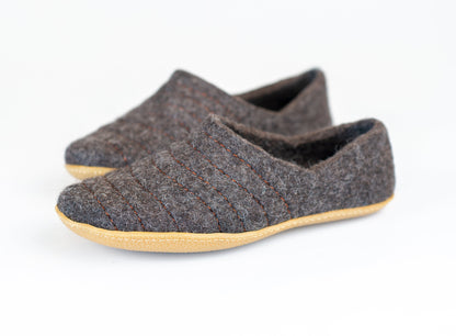 Undyed Dark Grey Felted Wool Clogs Style Slippers for Women with Stitching Decor