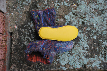 Yellow leather soles hand-stitched on felted wool slippers